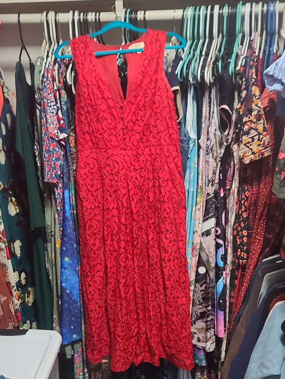 Moulinette Soeurs Red Lace V-Neck Jumpsuit Pockets Large 12